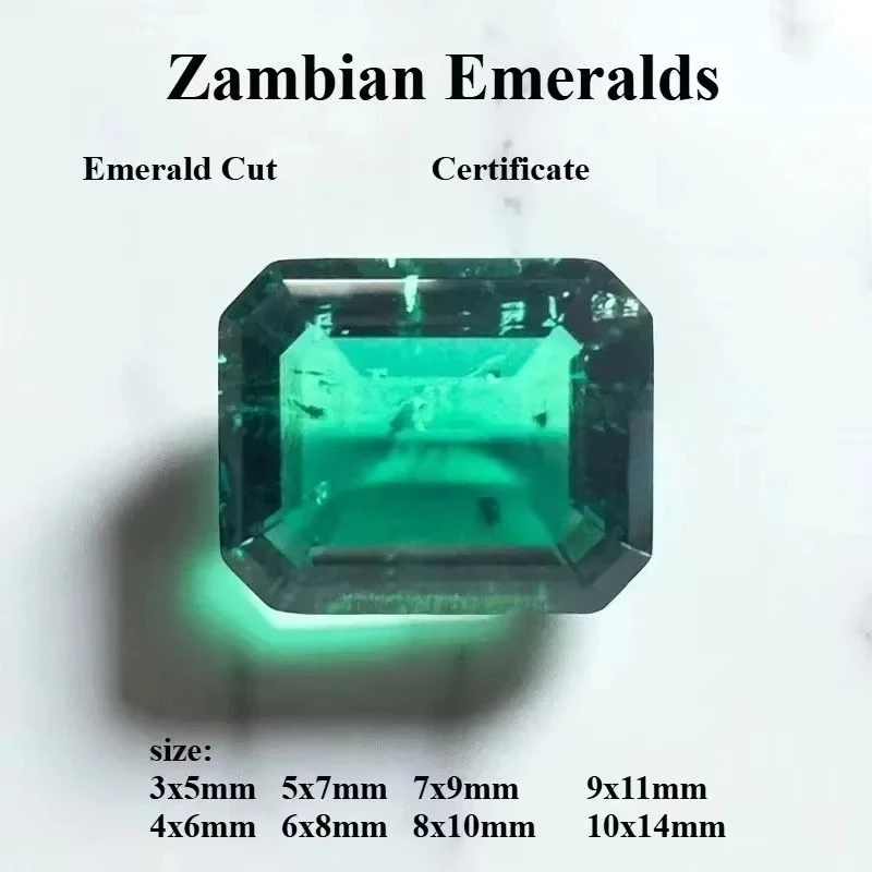 Lab Grown Zambian Emeralds Hydrothermal Hand Cutting Emerald Cut with Cracks Inclusions Inside Selectable Certificate