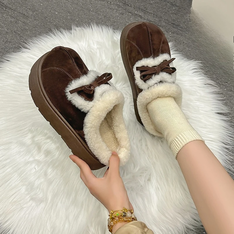 

Bowknot Baotou Slippers New Fashion Round Toe Deep Mouth Plus Fleece Platform Warm Cotton Shoes
