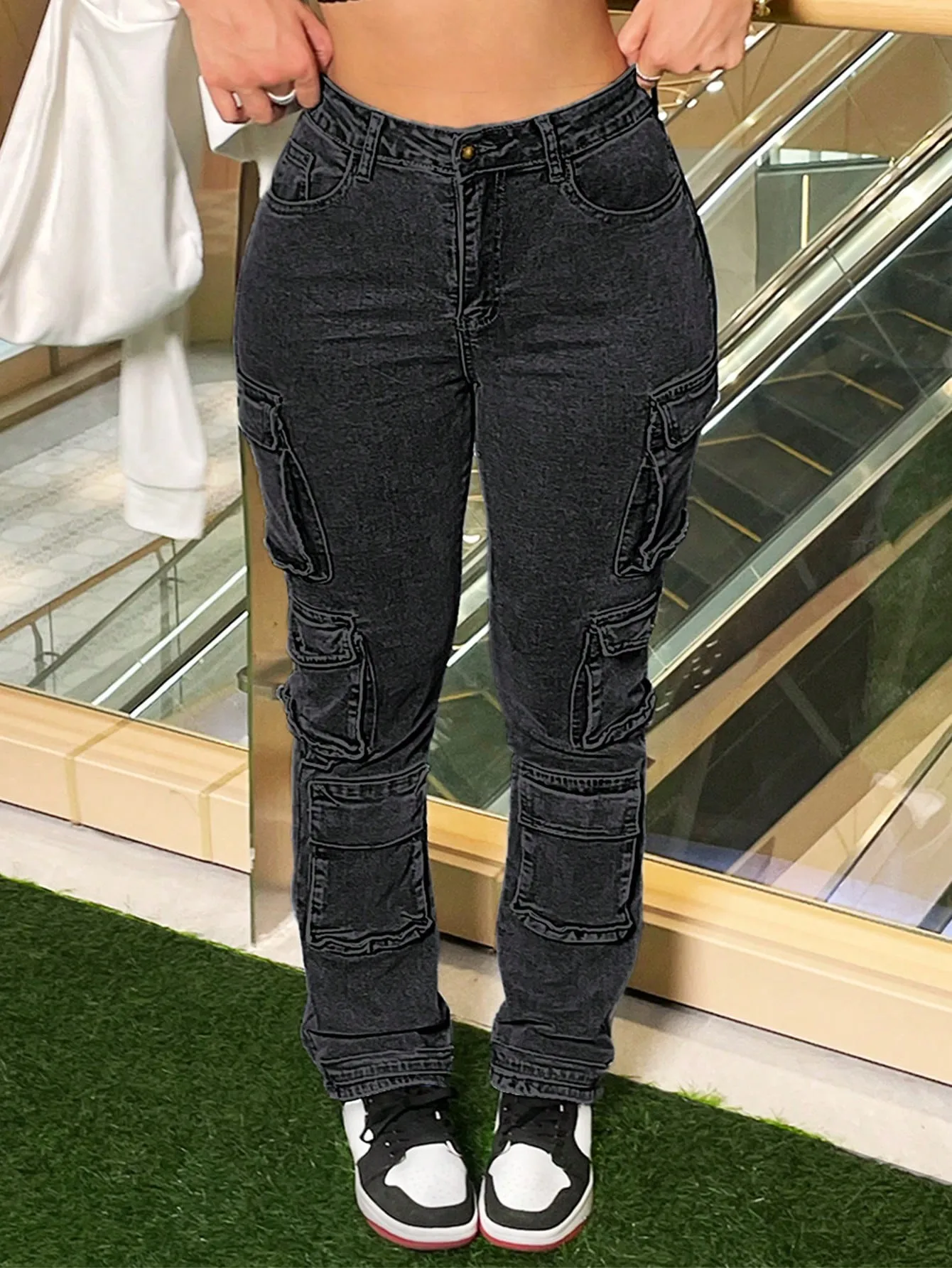 Image of Jeans slim fit stile cargo da strada Y2K da donna Bottoni elasticizzati Tasche laterali con cerniera Pantaloni in denim comodi alla moda casual-Nero cod004