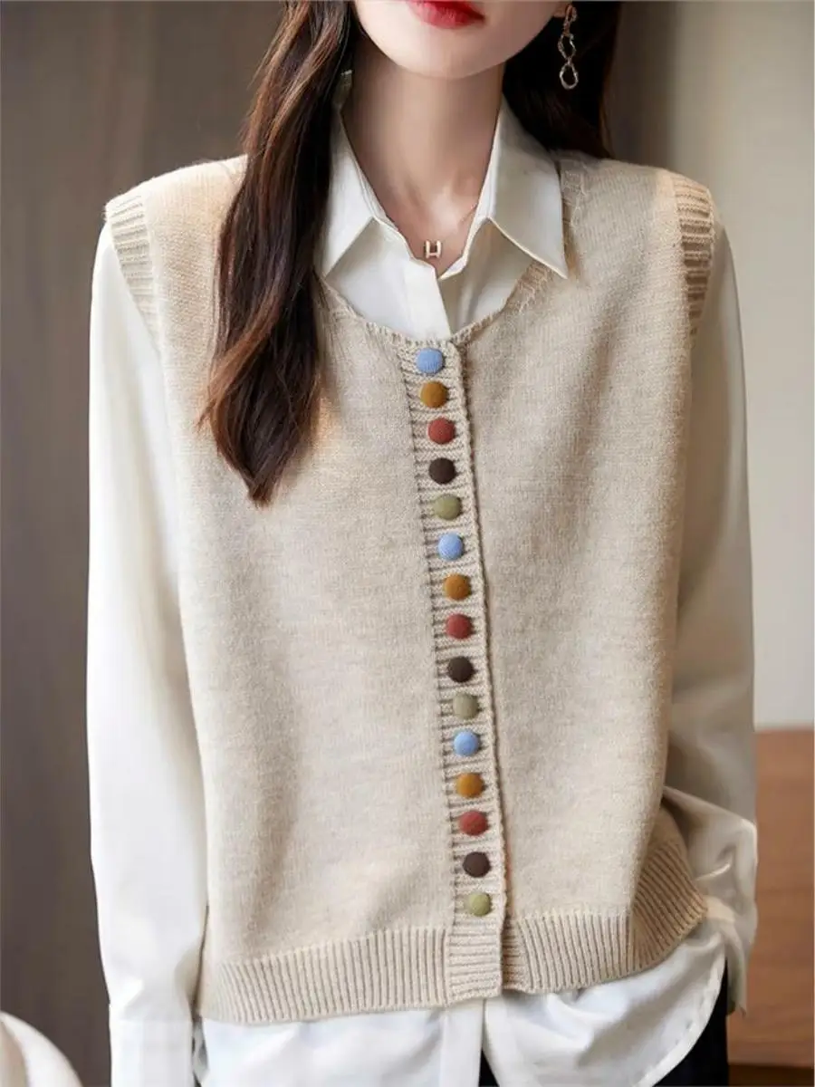 

Повседневный вязаный шерстяной жилет на пуговицах, женский многослойный открытый кардиган обычной длины, круглый Ne