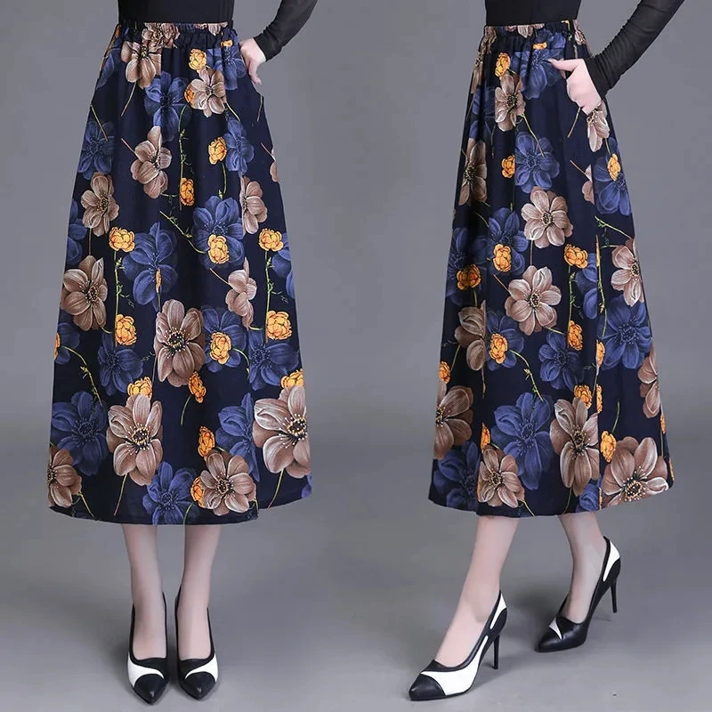Large Size Retro Linen Long Skirt Women Summer High Waist A-line Skirts Korean Loose Flower Print Cotton Linen Dance Skirts 4XL