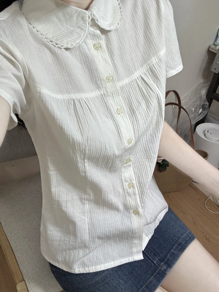 

White ort Sve Collar Ruffle Button Fem irt Cotton Color Commute Sle Summer Design Brandy Girl Doll Collar