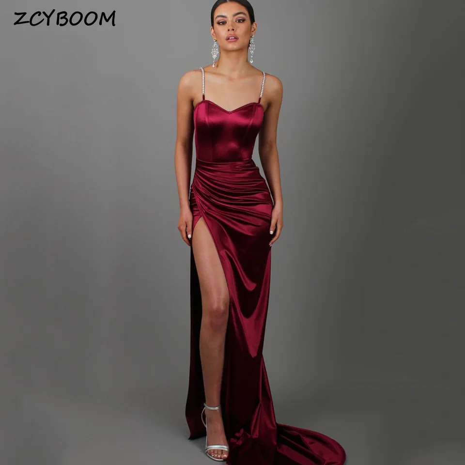 

Charming Burgundy Spaghetti Strap Side Slit Evening Dress 2024 Mermaid Floor Length Sweep Train Zipper Custom Made Prom Dress