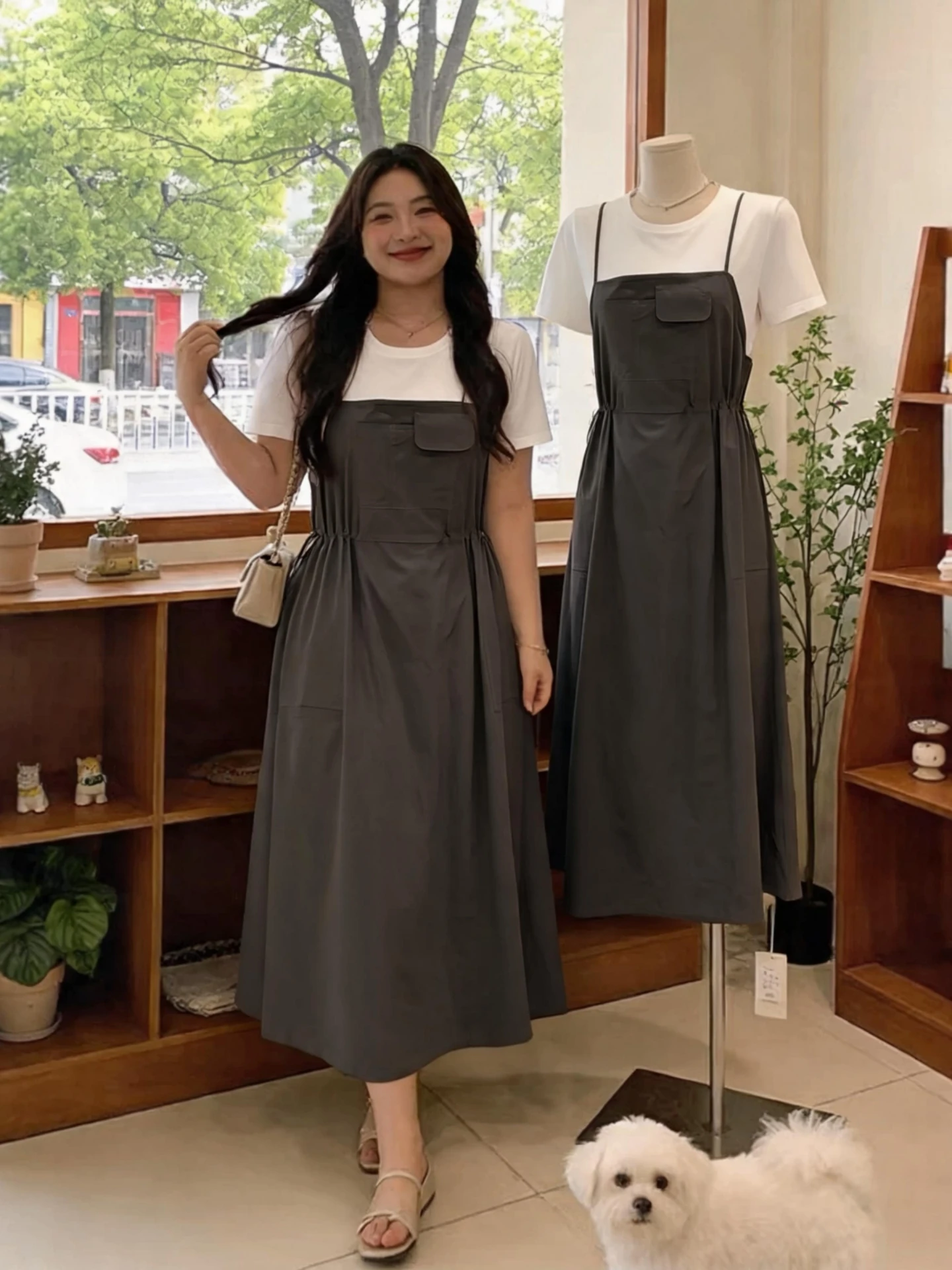 Summer Slimming Waist Cinched Dress Women's Korean Style High Waist Faux Two-Piece Long Skirt Folded Short Sleeve round Neck
