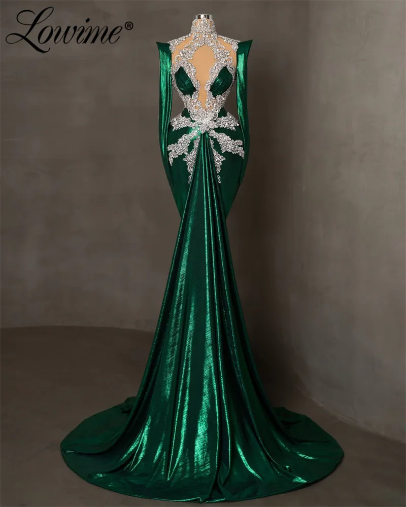 Emerald Green Shiny Fabric Long Sleeve Evening Dress Heavy Crystals Birthday Pageant Prom Dresses Customized Wedding Party Gowns