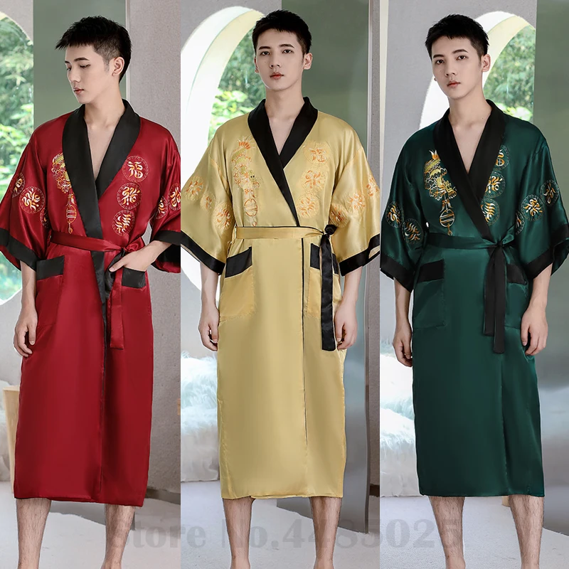 Chinese Style Satin Kimono Men\'s Lapel Mid Length Sleepwear New Spring Summer Bathrobe Nightwear Male Intimate Lingerie Homewear