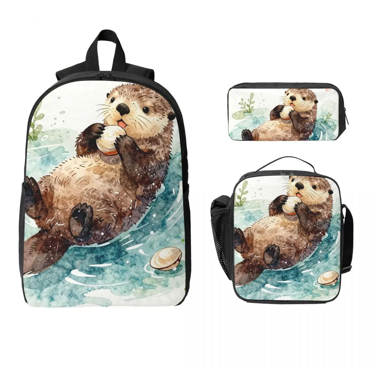 Otter Happily Playing In Water Backpack Student BookBag School Bag Laptop Shoulder Bags 3ps Insulated Lunch Bag Pencil Case