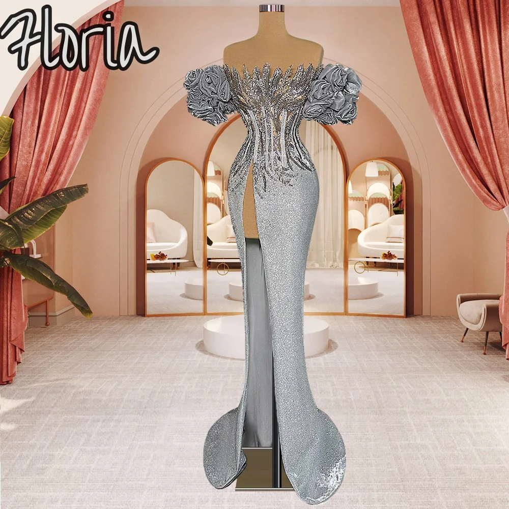 

Short Ruffles Sleeves Mermaid Evening Dresses With High Side Slit Long Sequined Off The Shoulder Wedding Party Gowns Gala Dress