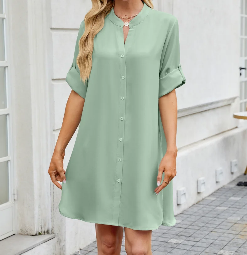 Sommerkleid für Damen, 2022, einfarbig, V-Ausschnitt, kurzärmelig, geteilter Knopf, gerade, lockeres Hemdkleid, elegantes Pendlerkleid