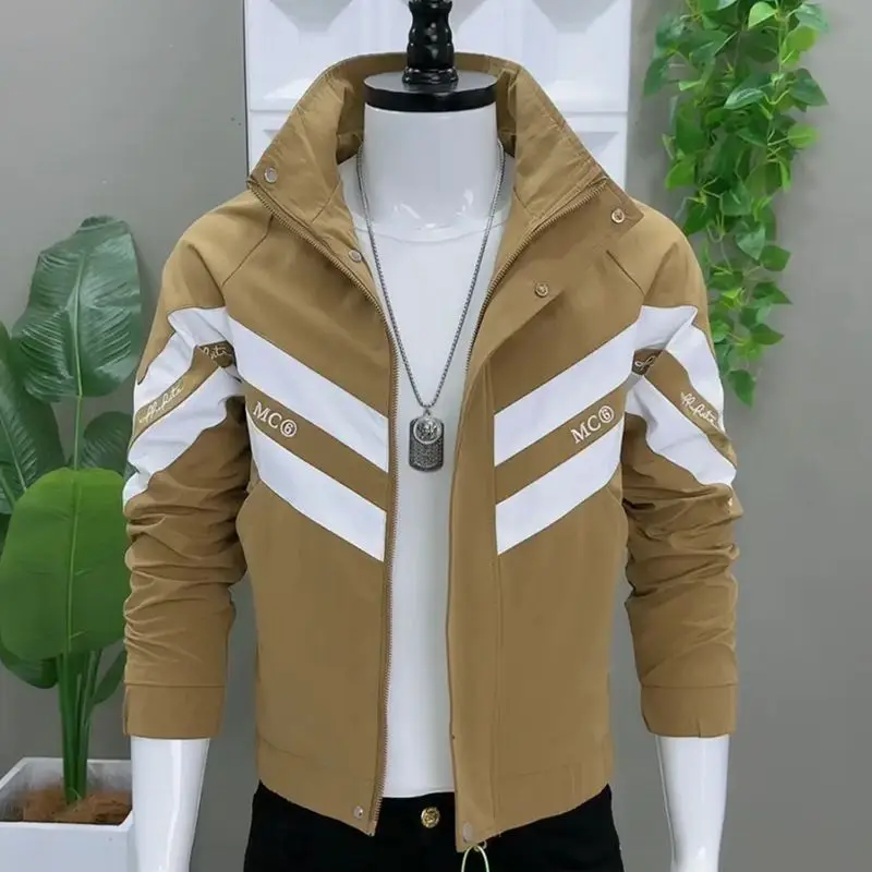 Autumn New Men's Jacket Fashionable Korean Version Slim Fit Color-blocked Stand-up Collar, Casual Versatile and Handsome Top