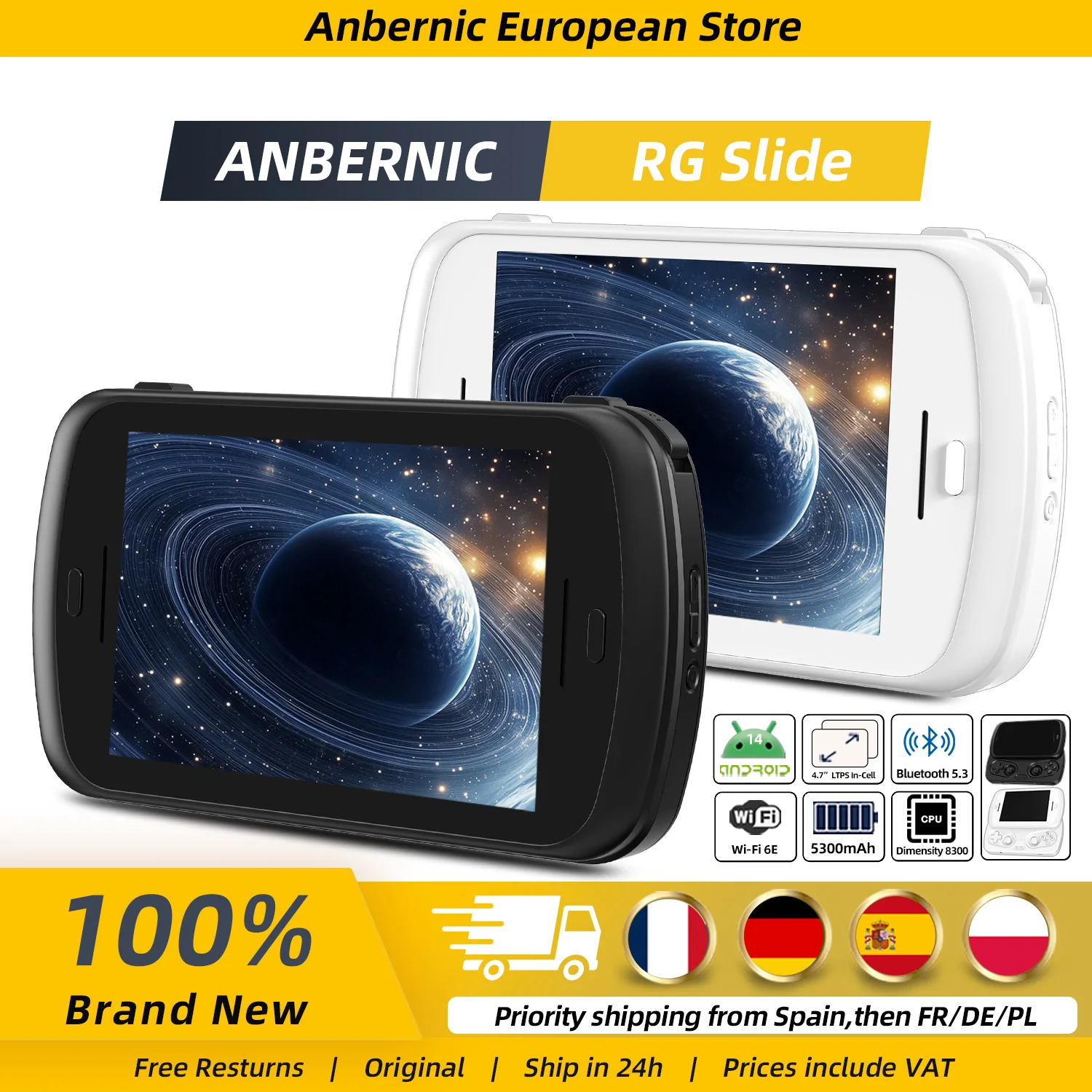 Consola de juegos portátil retro Anbernic RG Slide con pantalla LTPS In-Cell de 4.7 pulgadas, joystick capacitivo, Android 13, asistente de IA, WiFi 5G, Bluetooth 5.0, procesador T820 y batería de 5000 mAh.