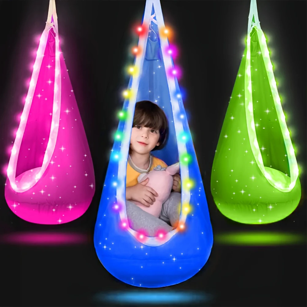 Illumina per bambini Pod Altalena per bambini Amaca sospesa Cuscino gonfiabile Pod Sedia a dondolo 4 modalità di luce 16 colori per ragazzi e ragazze