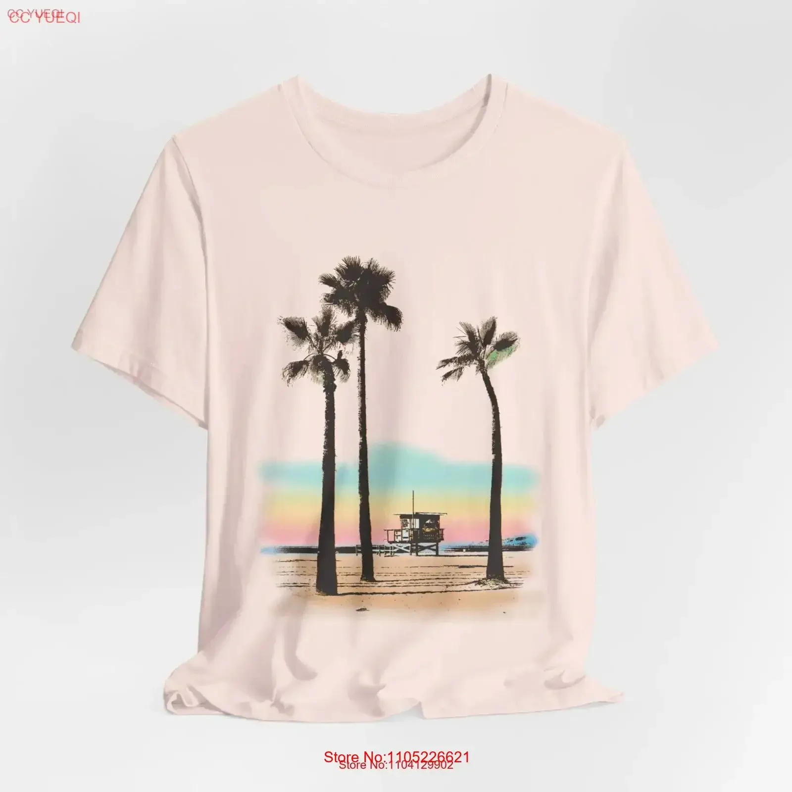 Camiseta Palm Trees and Lifeguard Hut, estilo vintage único de California Beach, para amantes del estilo vintage, lavada, transpirable, con gráfico, unisex