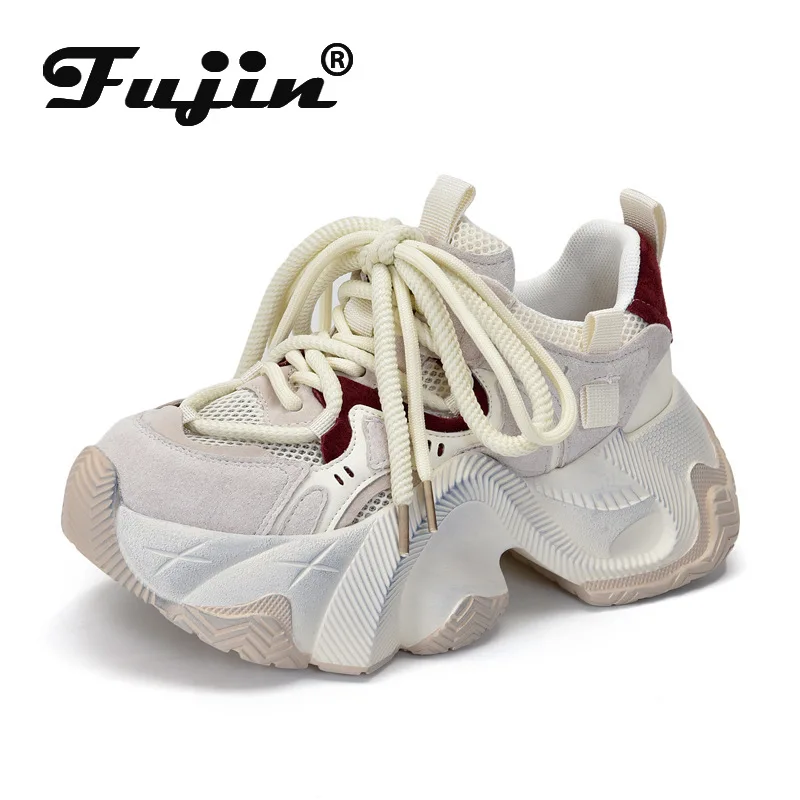 

Fujin 6.5cm Boots Mixed Color Chunky Sneaker Sandals Women Fashion Shoes Air Mesh Genuine Leather Breathable Comfy Summer Flats