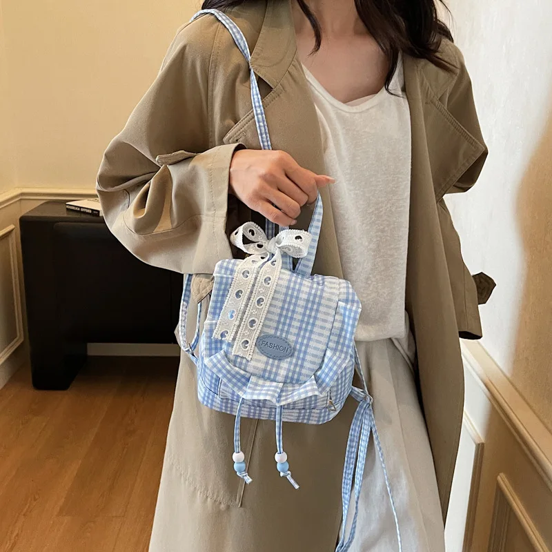 Plaid Beaded Women Mini Travel Shoulder Bags Lace Flip-Top Drawstring Backpack for Students Casual Portable Girls Handbags
