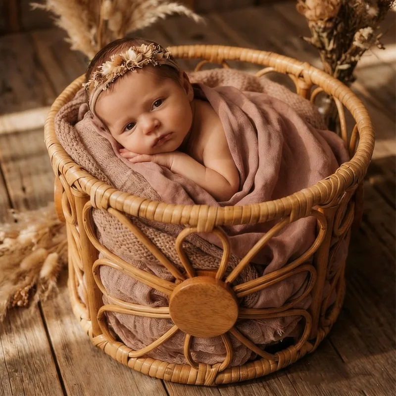 Retro Rattan Newborn Photography Props Chair Vintage Woven Basket Bed Boho Style Infant Posing Furniture Studio Accessories