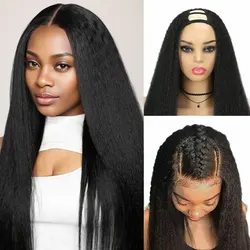 Synthetic U Part Yaki Wigs for Black Women Kinky Straight U-part wigs Hair Extension for Daily Use