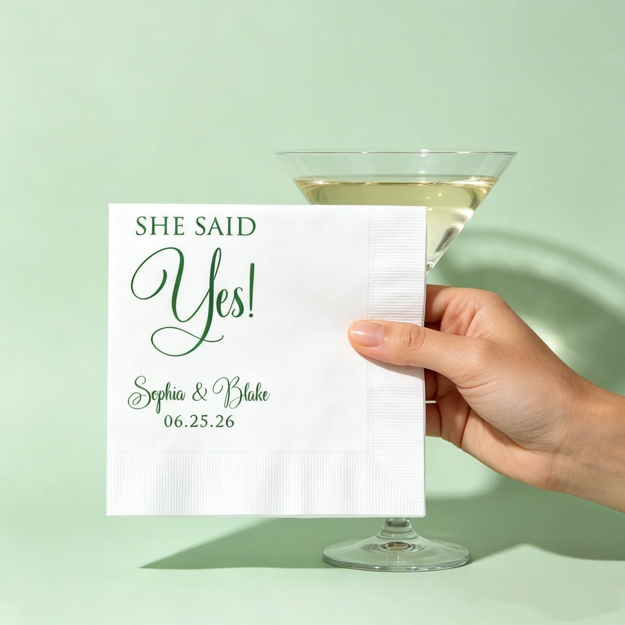 

50pcs Personalized "She Said Yes!" Engagement Cocktail Napkins, Custom Couple Names & Date Green Foil White Napkins, Elegant Eng