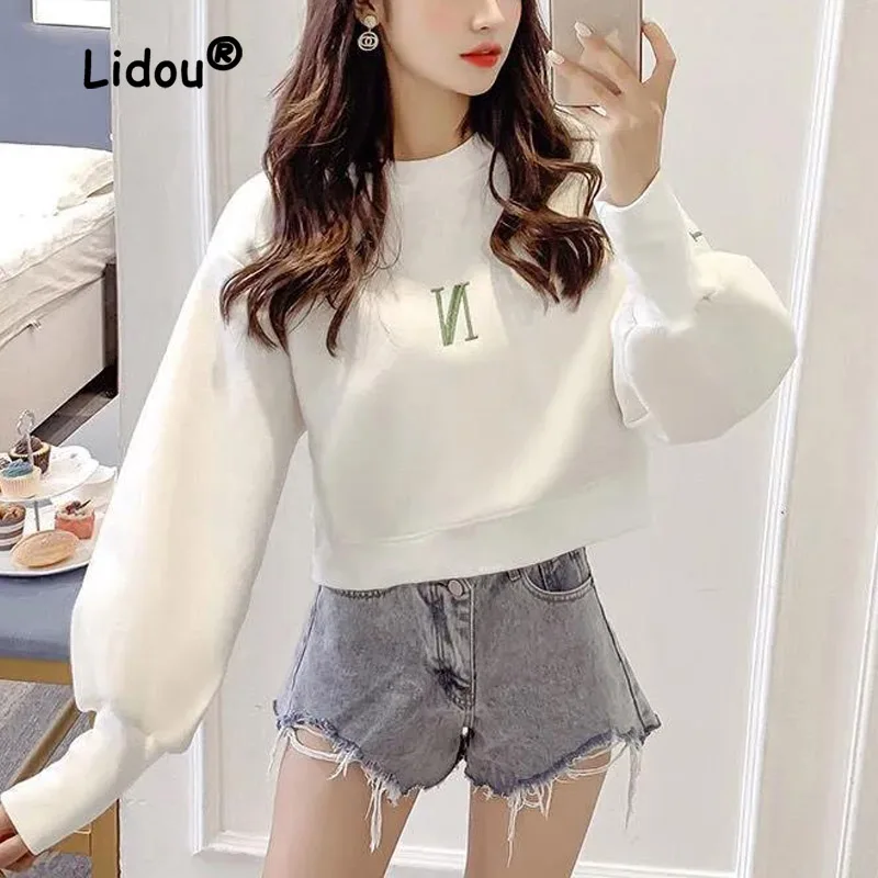 Winter Solid Color Embroidered Letter Short Pullover Sweatshirts Women New High-quality Long Sleeve O-collar All-match Top 2022