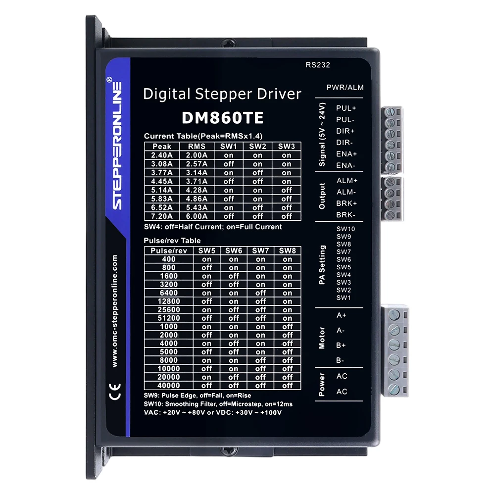 

STEPPERONLINE Stepper Driver DM860TE 2.4-7.2A 20-80VAC or 30-100VDC for Nema 34 Stepper Motor