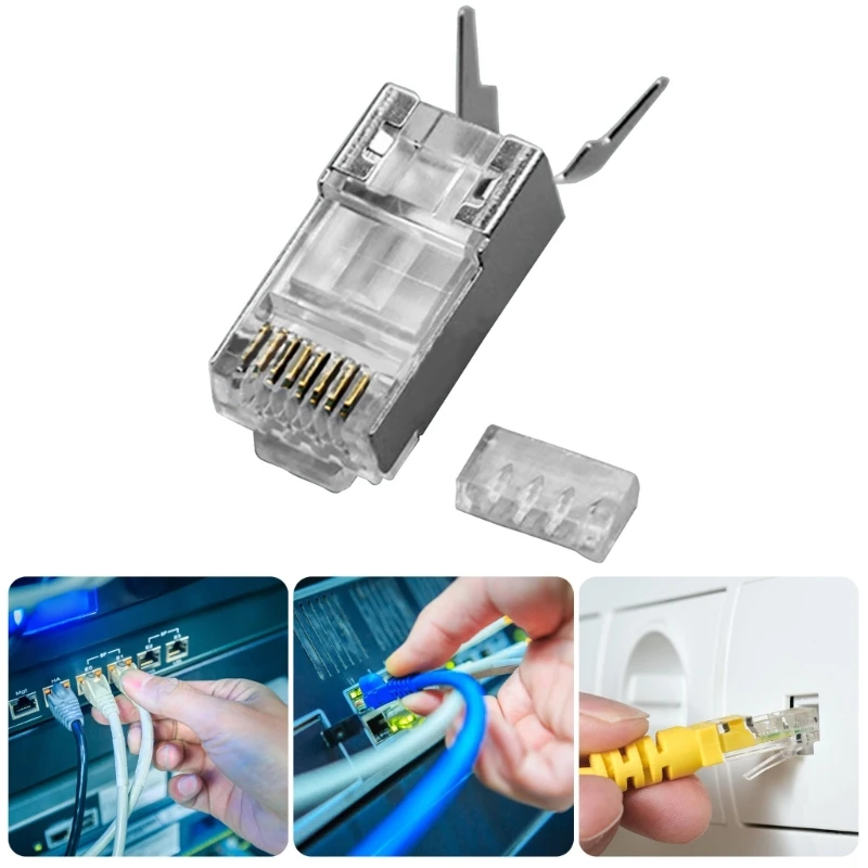Gold Plateds 3Prong Shieldeds Ethernet Plugs For CAT6A Cable Supports 10Gbps Speed And Customs Cable Lengths 