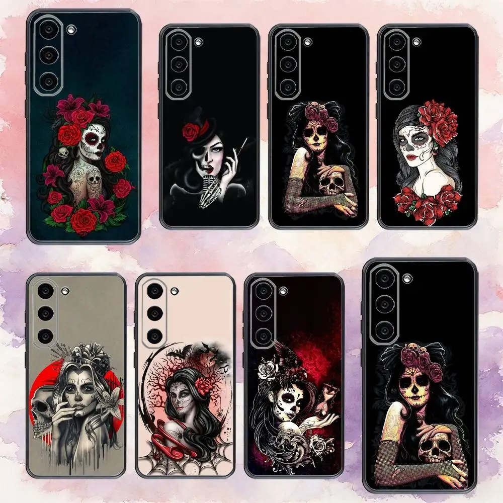 

M-Mexican Art Skull Girl Phone Case For Samsung Galaxy A73,A72,A71,A70,A53,A52,A51,Others Soft Black Cover