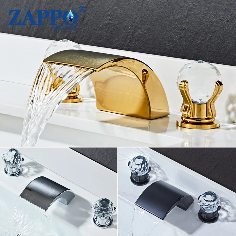 

ZAPPO Смеситель для ванной комнаты с 2 хрустальными ручками, 3-отверстие, крепление на палубу, широко распространенный смеситель для раковины с водопадом для ванной комнаты, гостиницы