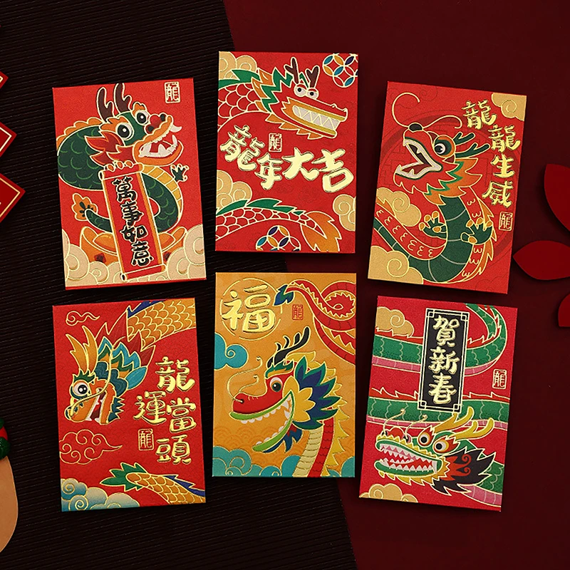 6PCS Chinese New Year Lucky Red Envelope Dragon Year 2024 Gifts Money Pocket Red Packet New Year Supplies