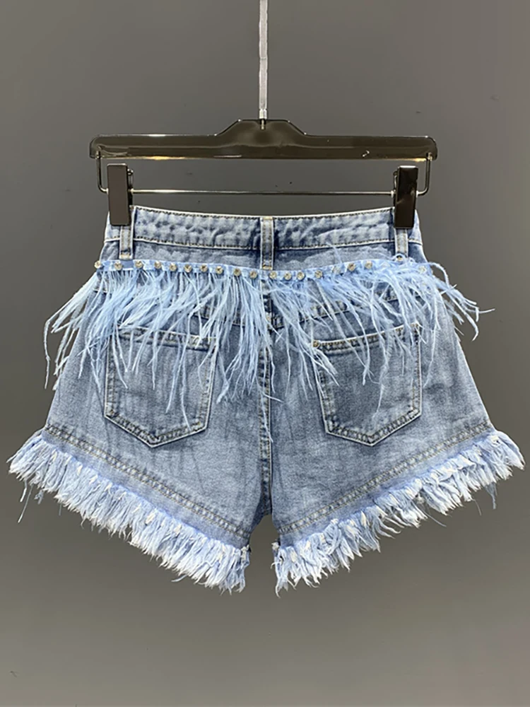 Imagem -05 - Deat-blue Feathers Shorts Jeans Femininos Borla Longa de Cristal Cintura Alta Calças Curtas de Pernas Largas Moda Nova Outono 29l1573 2023