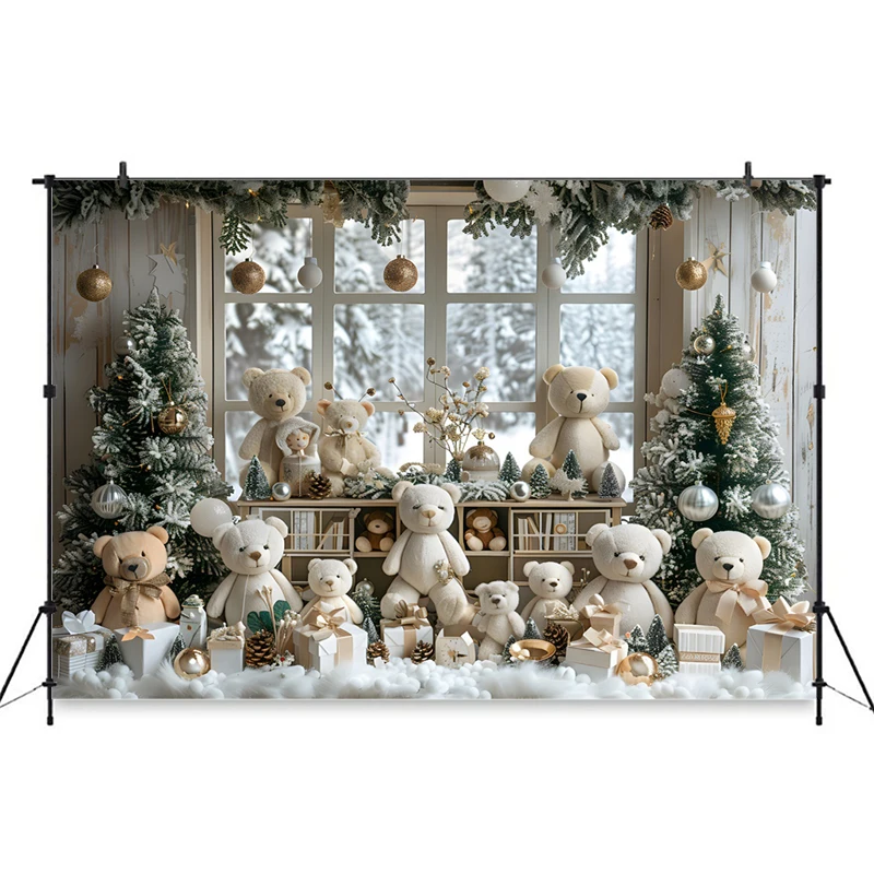 Mocsicka Christmas Backdrop Photography Washable Soft Home Xmas Tree Bear Window Decors Children Photo Background Shooting Props