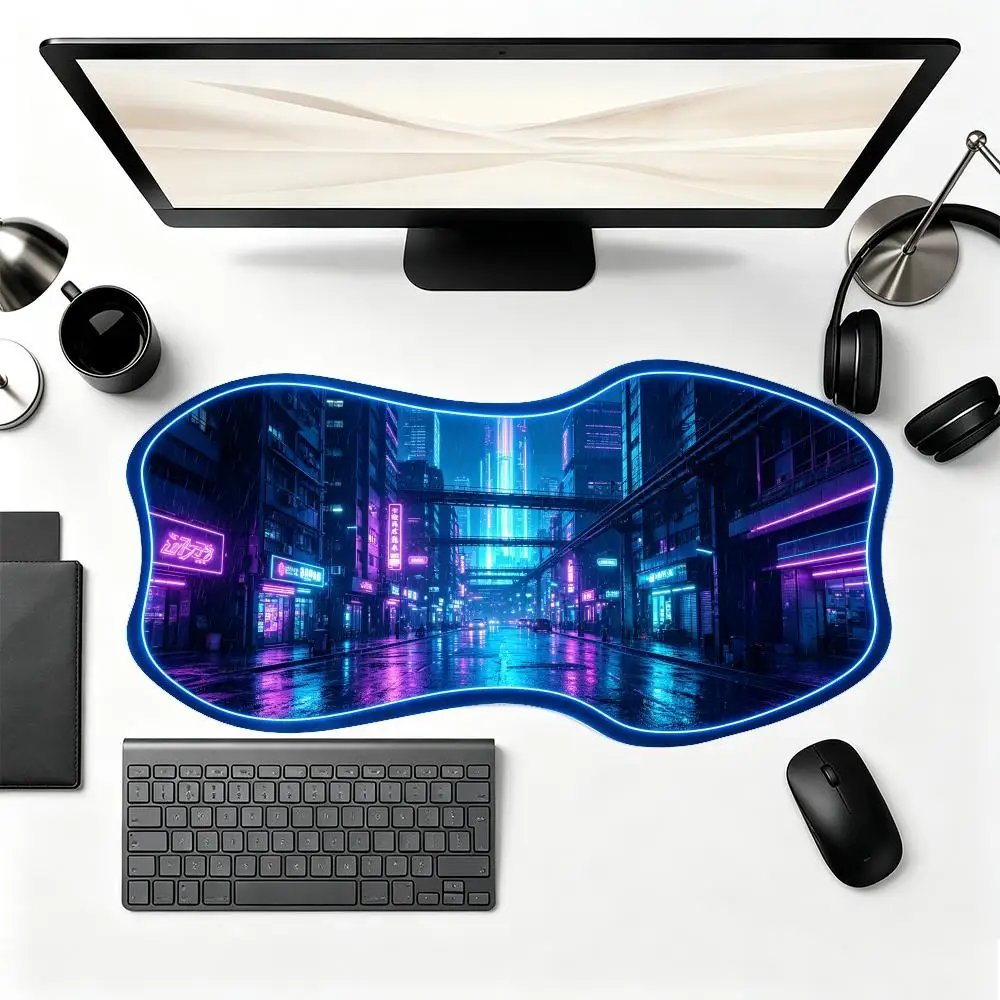 Cyberpunk Neon City Desk Mat Smooth Cloth Surface Precision Tracking Creative For Esports Setup Special Shaped