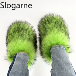 Women's Winter Fuzzy Slippers Plus Size Woman Luxury Furry Faux Raccoon Fur Slippers Warm Cotton Shoes Outdoor Indoor Fur Slides