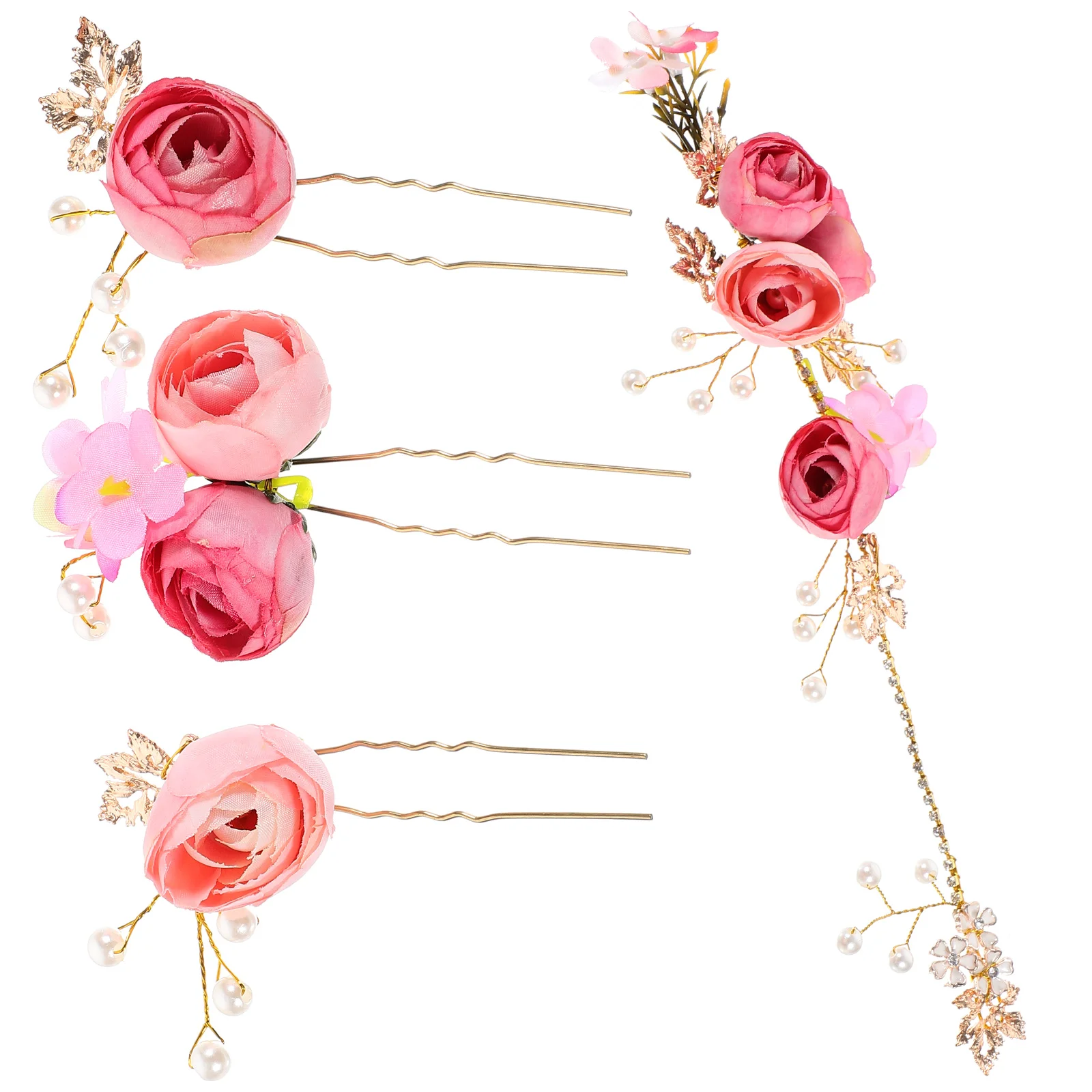 4 Pcs Wedding Flower Girl Hairpin Crystal Women Floral Bride Fuchsia Accessories for