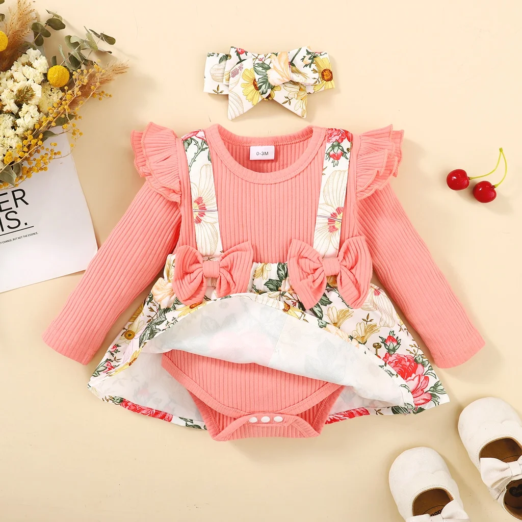 0-18 Months Newborn Baby Girl Clothes Baby Flower Romper Dress Long Sleeves Bodysuit+Headband Infant Girl 2PCS Cute Costume