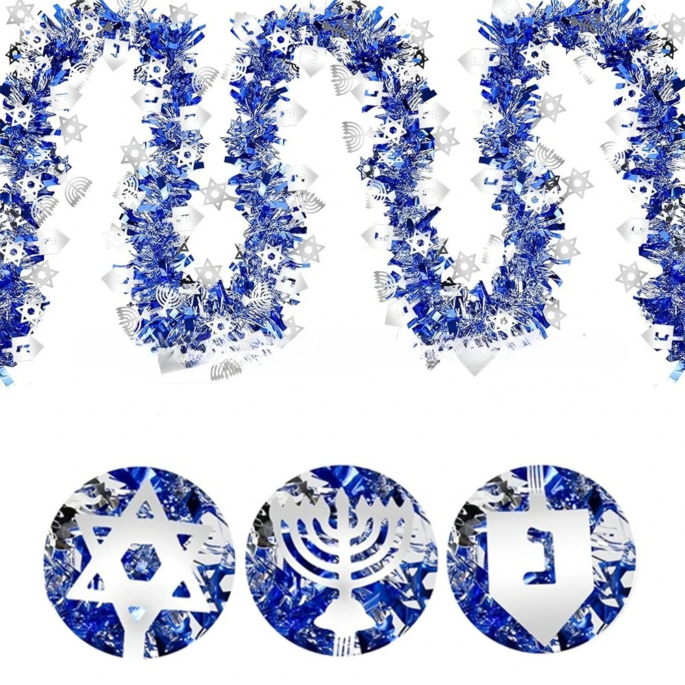 هانوكا بهرج جارلاند أزرق معدني تويست فويل بهرج جارلاند مع الشمعدان الفضي ونجمة داود الحلي إكليل معلق #2