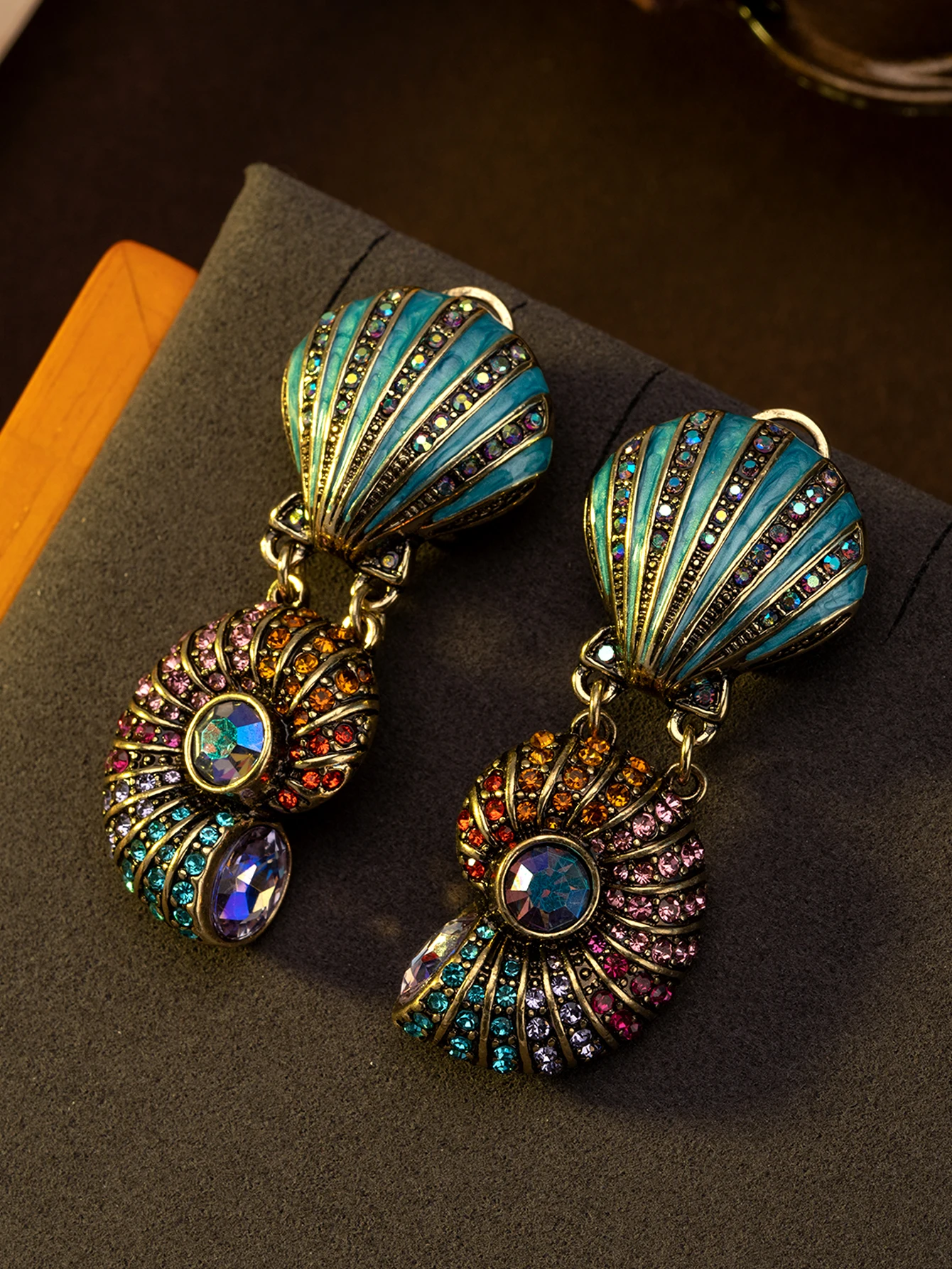 Vintage enamelled rhinestone shell earrings