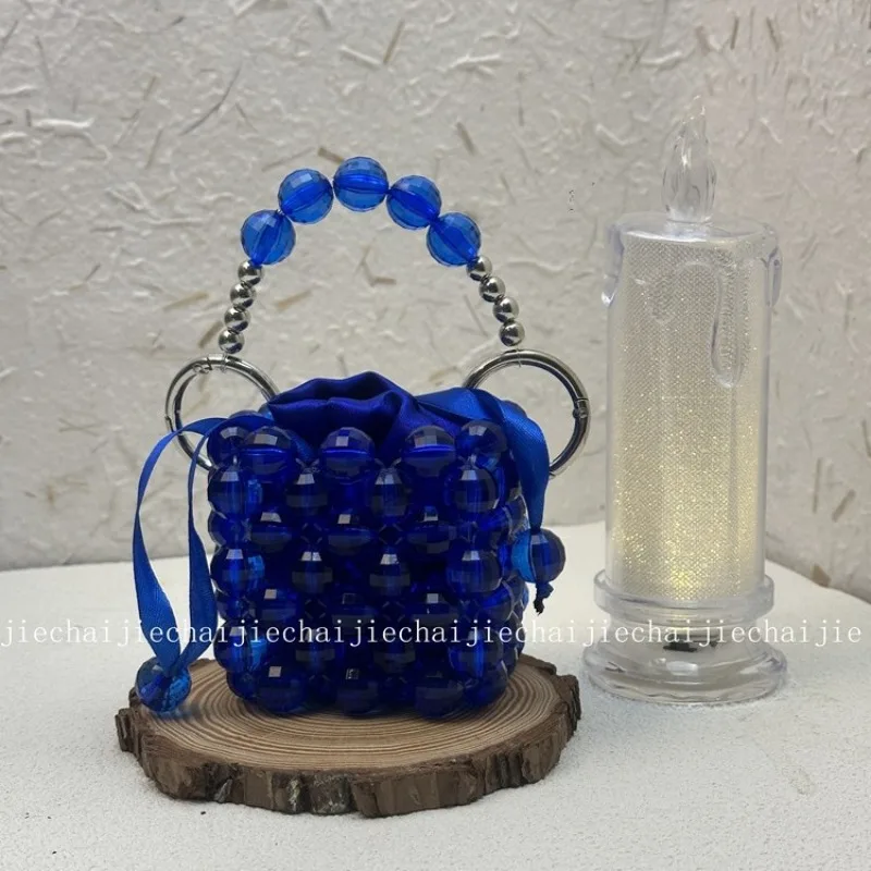 

New Niche Design Fashionable High-end Navy Blue Bead Water Bucket Bags Mini Large Bead Hand Woven Handmade Bead Crossbody Bag