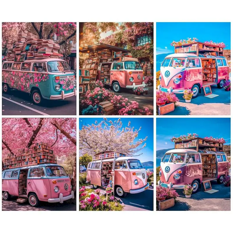 

CHENISTORY 5D Diamond Painting New Arrivals Pink Bus Scenery Diamond Mosaic Embroidery Kit Needlework Craft Home Decoration