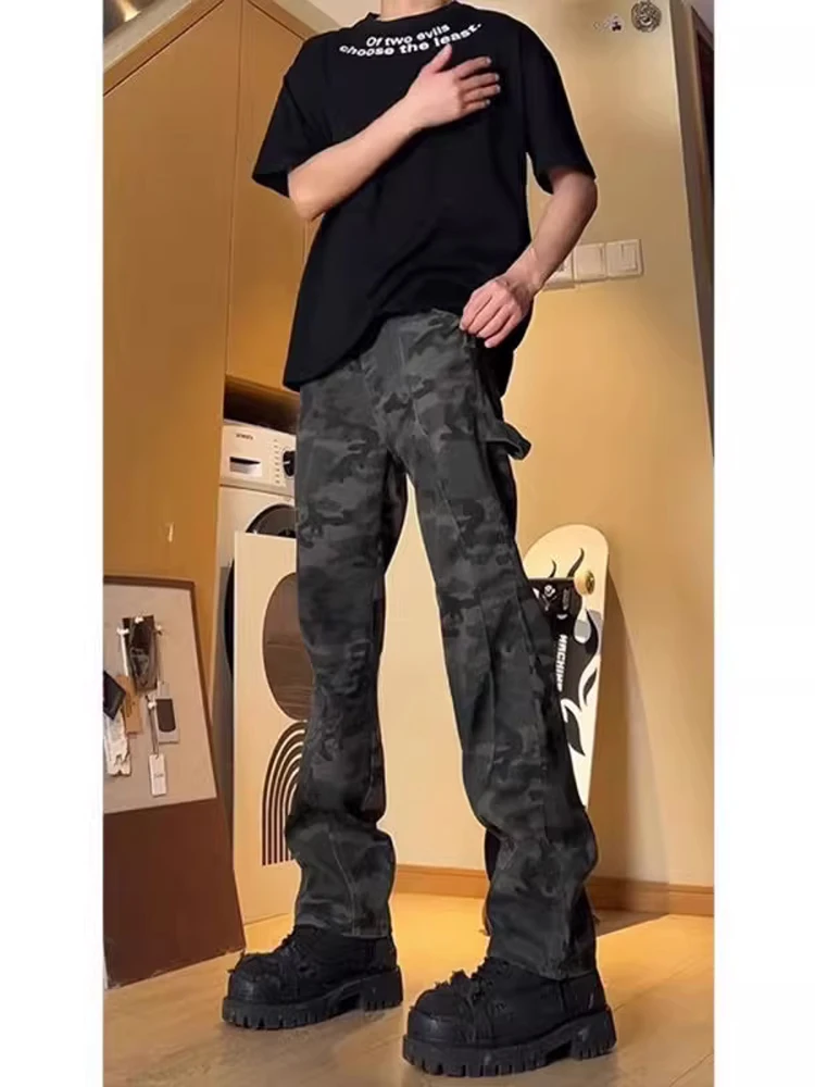 

Мужские камуфляжные брюки в американском уличном стиле, ретро-рабочая одежда, джинсы прямого кроя с нашивками, осенние, с высокой талией