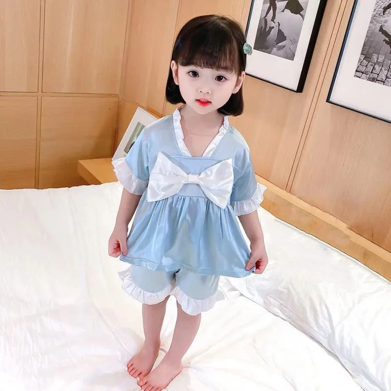 1 PC Ice Silk Girls Pajamas Sweet Princess Style Short-sleeve Trousers Pajamas Set Baby Home Clothes Children's Thin Pajamas