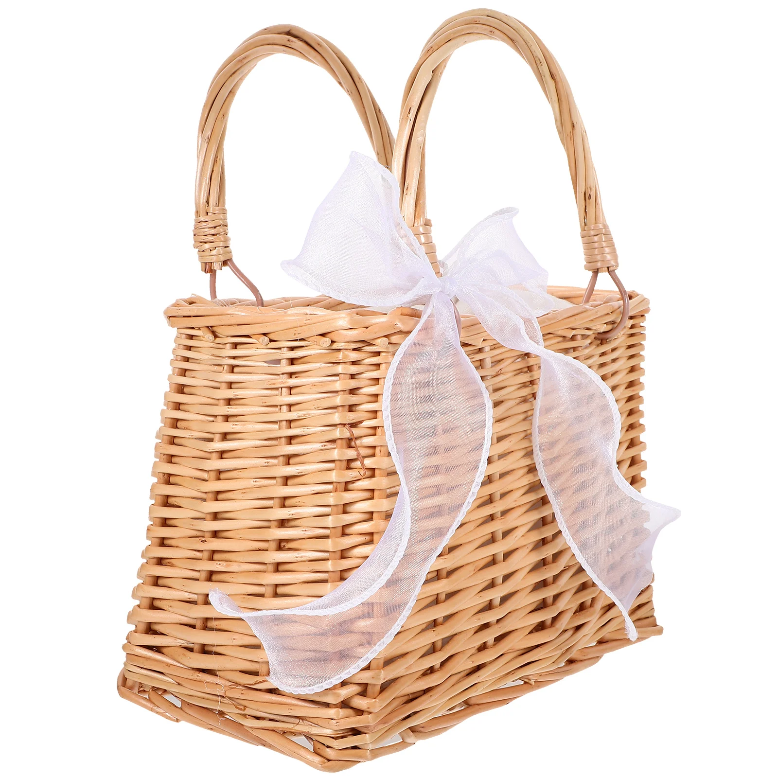 

Rattan Woven Basket Small Handbag Fabric Drawstring Gift Storage Wicker Flower Decorative Tote Long Handle Ribbon