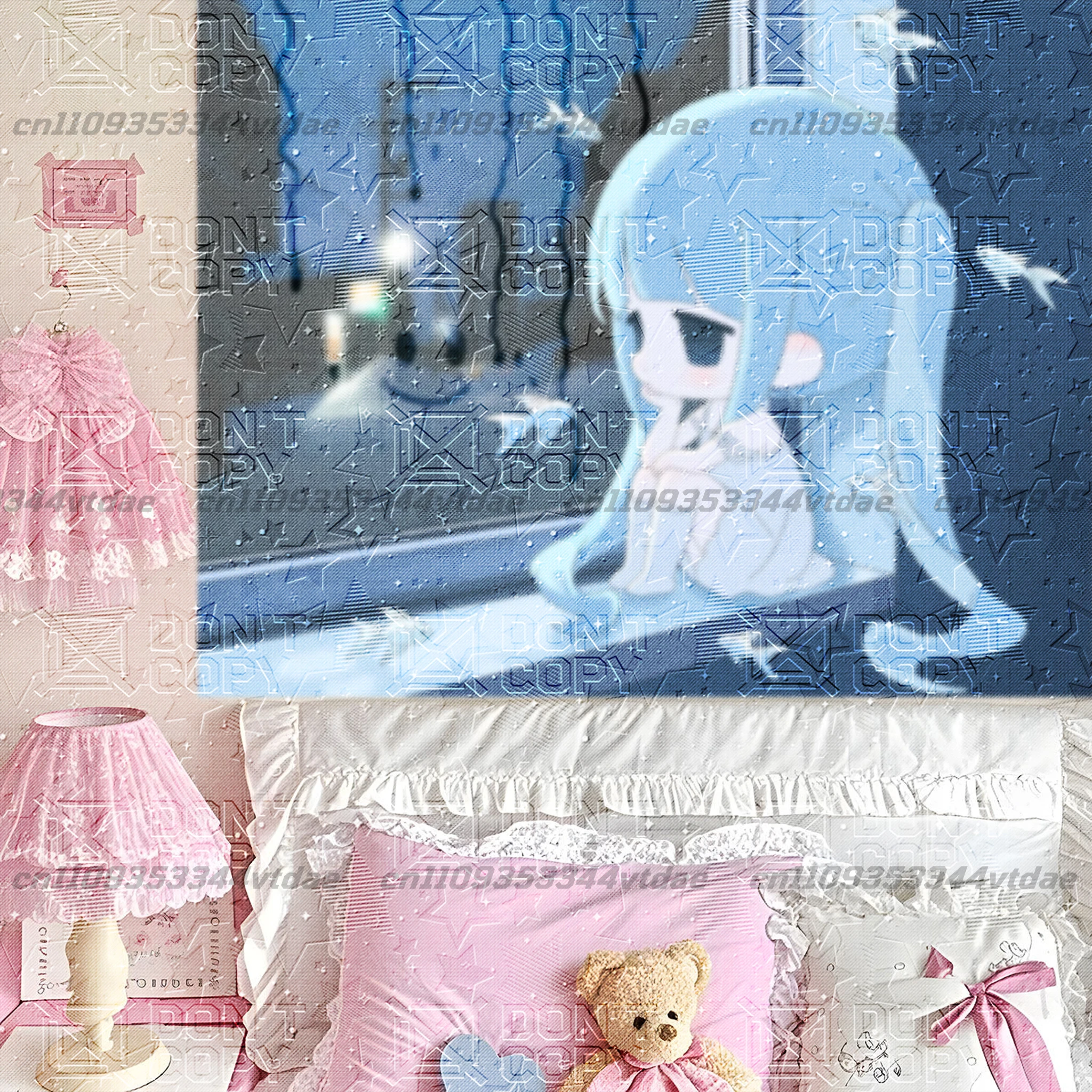 Kawaii Chibi Anime Tapestry, Light Blue Long Hair Sad Girl Night City Wall Hanging Blue Tone Aesthetic Background Cloth