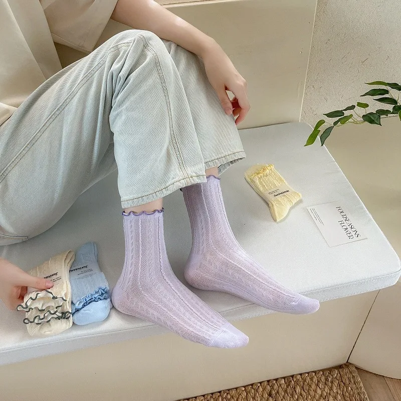 

Macaron Color Lace Socks Women's Lovely Kawaii Spring Summer Causal Breathable Cotton Thin Japanese Beauty Twist Mid-tude Sock