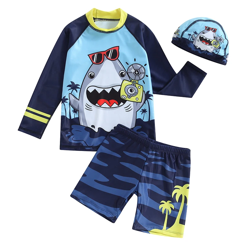 

Kids Boys Swimsuit Long Sleeve Cartoon Shark T-shirt with Coconut Tree Print Shorts and Swimming Hat