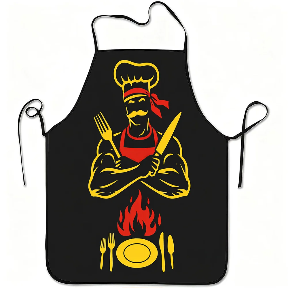 1pc Muscle Chef Fire Grill Print Apron, Durable and Easy to Clean, Adjustable Waistband, Polyester Material, for Kitchen Cooking