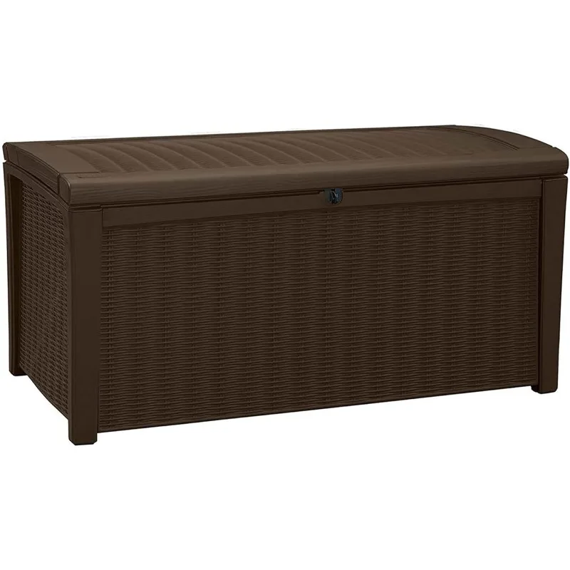 

Keter Borneo 110 Gallon Rattan Wicker Resin Patio Deck Storage Box Bench, Brown