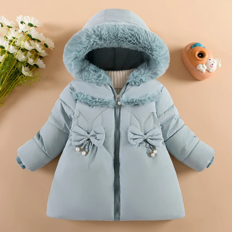 Baby Girls Plush Jacket Winter Solid Color Bow Decoration Lamb Wool Lining Coats For 1-4Y Kids Fur Collar Hooded Thick Snowsuit