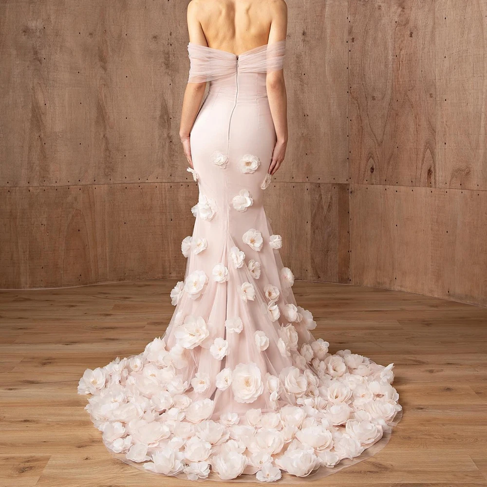 Woman Mermaid Evening Dresses Floor-length Off The Shoulder Sleeveless Prom Gown Fashion Flowers Draped Backless Customized Gown