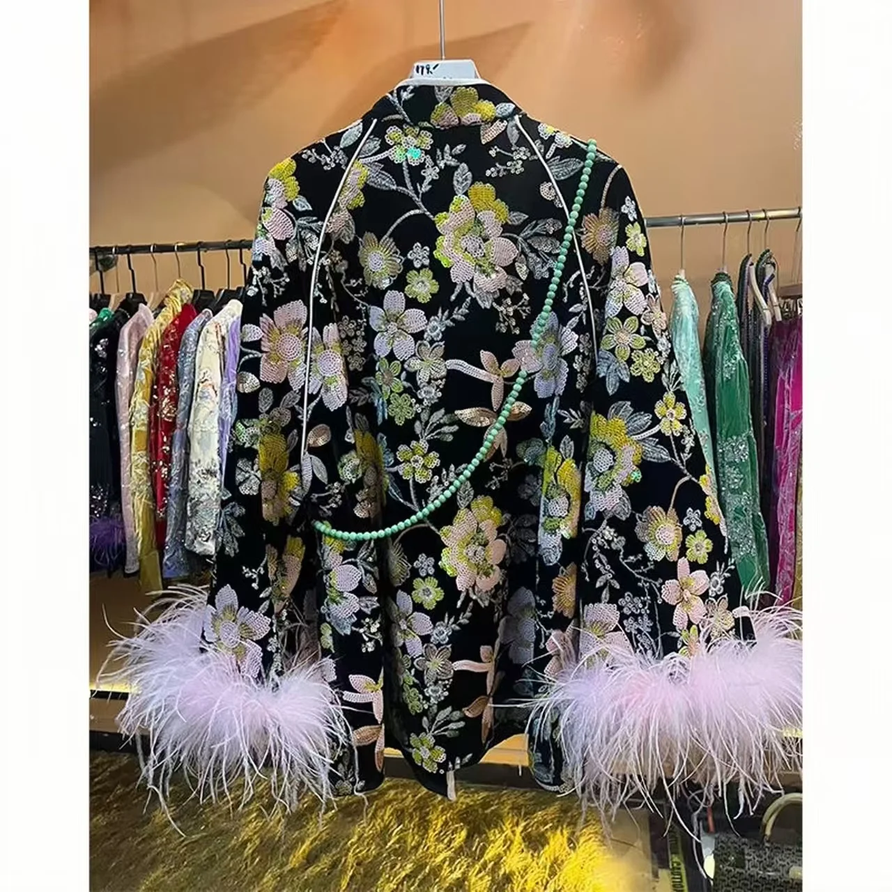 Women's Heavy Industry Sequin Embroidered Velvet Jacket New Chinese Style Loose Cotton Outerwear for Autumn Winter