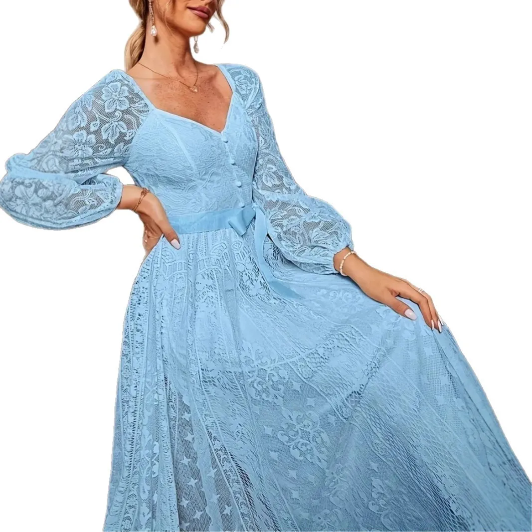 Elegant Party Dress For Woman Evening Prom Dresses Lace Long Gown V Neck Maxi Dress White Pink Floral Lace A Line Balloon Sleeve